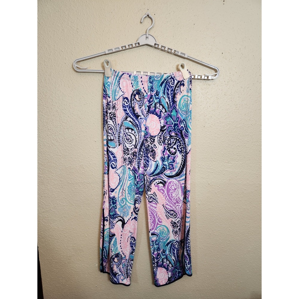 Coco Bianco Size Medium Multicolor Paisley‎ Cropped Pants Elastic Waist Slit Hem